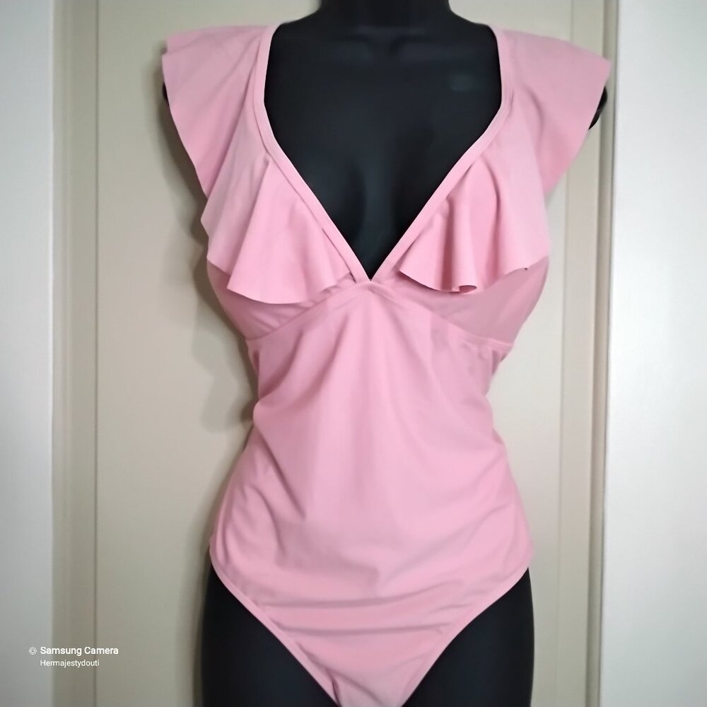 Coral Peach Deep-V Removable Foam Flouncy 1 P. Swimsuit Adjustable Straps NWT XL